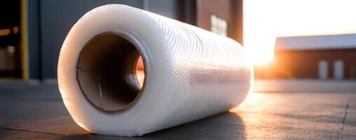 A roll of plastic wrap sitting on the ground photo