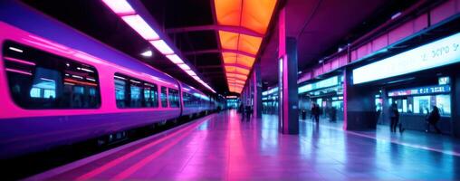 An image of a train station with purple lights photo