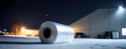 A roll of plastic wrap sitting on the ground at night photo