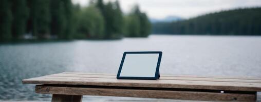 Tablet pc on wooden table near lake photo