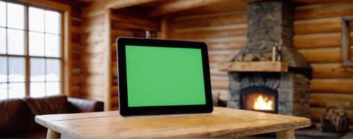 An ipad with a green screen in front of the fireplace photo