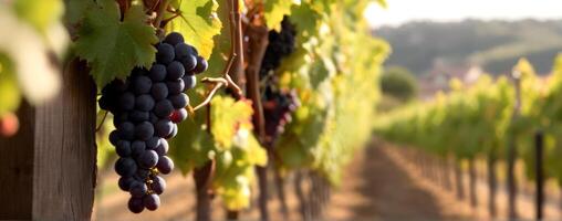 Grapes hanging on a vine in the vineyard photo