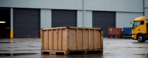 A wooden crate in front of an industrial warehouse photo