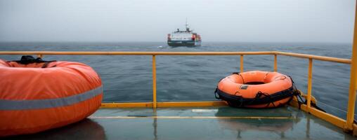 Two orange life rafts on the deck of a boat photo