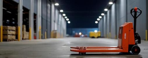 An orange forklift in a warehouse at night photo