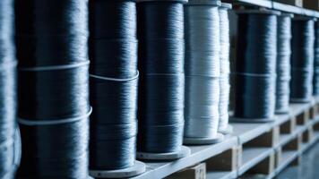 Spools of black and white thread in a warehouse photo