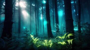 An image of a forest at night with sunlight shining through the trees photo