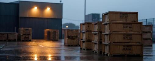 A warehouse full of wooden crates in the rain photo