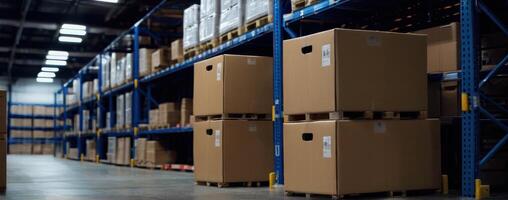 A warehouse full of boxes and pallets photo