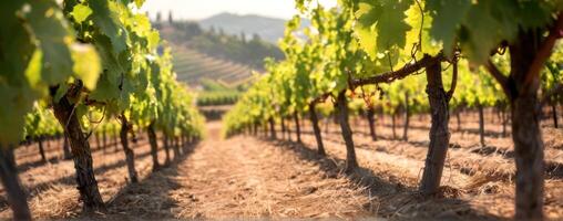 An image of a vineyard with rows of vines photo