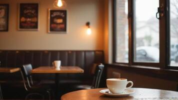 A cup of coffee sits on the table in an empty coffee shop photo