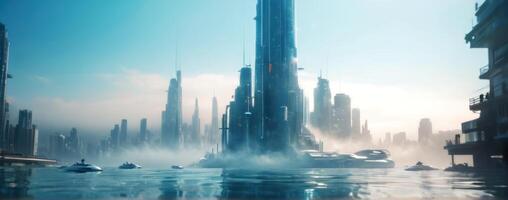 A futuristic city with boats in the water photo