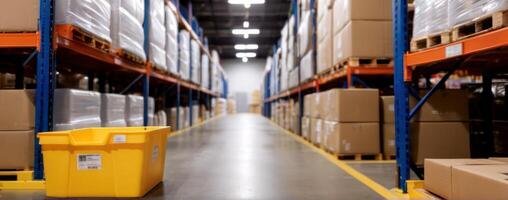 A warehouse filled with boxes and yellow trash cans photo