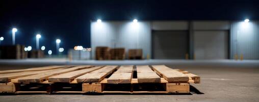A pallet of wood in front of an industrial building at night photo