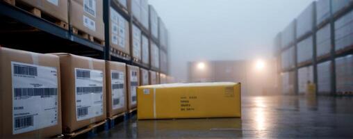 A warehouse full of boxes in the fog photo