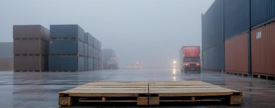 A wooden pallet in front of shipping containers in the fog photo