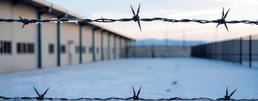 Barbed wire fence in front of a building photo