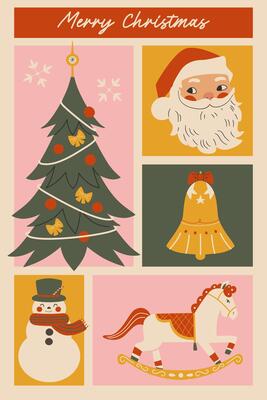 Retro christmas poster. Vintage design merry christmas. Banner template for celebration merry christmas and new year.