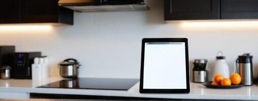 A tablet computer sits on the counter in the kitchen photo
