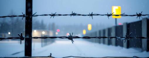 A barbed wire fence in the snow photo