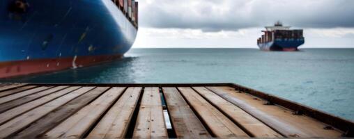 A container ship is docked in the ocean photo