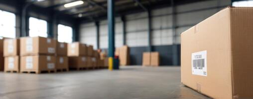 A large warehouse filled with boxes and pallets photo