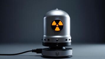 A radioactive symbol sits on top of an electric lamp photo