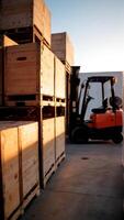 A forklift is driving through the warehouse photo
