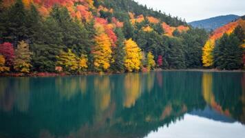 A lake with colorful trees reflected in it photo