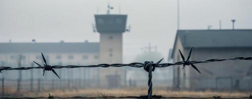A barbed wire fence in front of an old prison photo