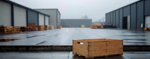 A wooden crate sits in front of an industrial warehouse photo