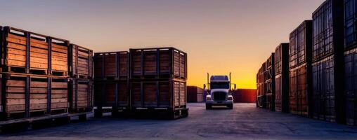 A truck is parked in front of wooden crates at sunset photo