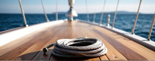 A rope is tied to the bow of the sailboat photo