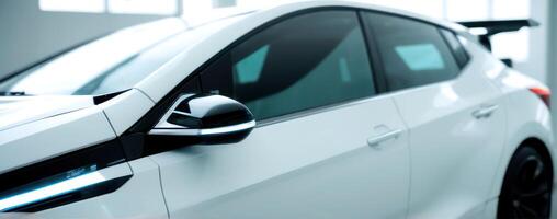 A white car is parked in an empty room photo