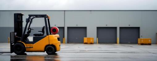 A forklift is parked in front of an industrial building photo