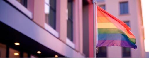 An lgbt flag is flying in front of a building photo