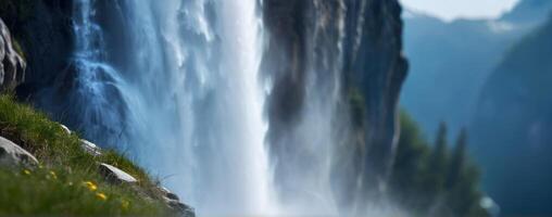 A waterfall in the mountains with grass on the side photo