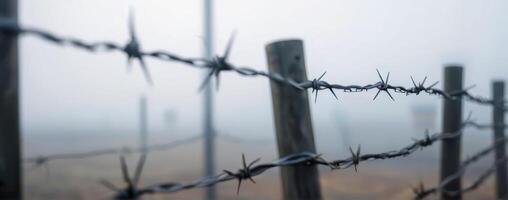 Barbed wire fence on a foggy day photo