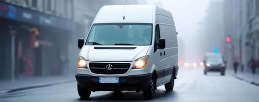 A white van driving down the street in the fog photo