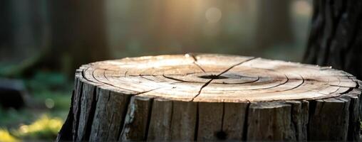 A tree stump in the woods with the sun shining on it photo