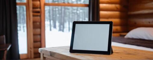 Tablet pc on a wooden table in the cabin photo