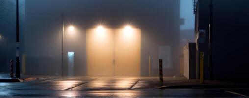 An image of a foggy street at night photo
