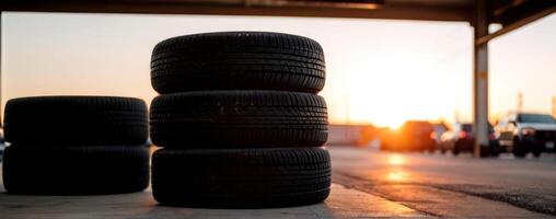 Tires stacked in a parking lot at sunset photo