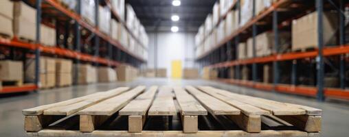 A warehouse with wooden pallets in the middle photo