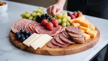 A platter of meat, cheese, and fruit photo