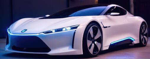 A white futuristic car with blue lights on it photo