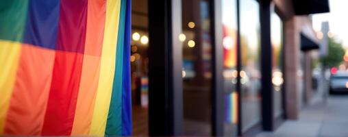 A rainbow flag hangs from the window photo