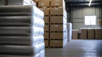 A warehouse filled with stacks of boxes photo