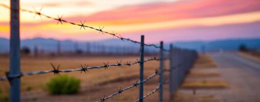 Barbed wire fence at sunset photo