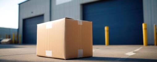 A cardboard box sitting in front of an industrial warehouse photo